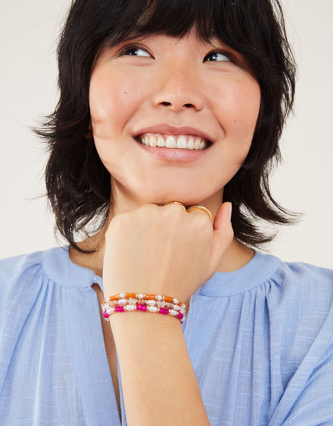 Stone and Pearly Bead Stretch Bracelets Set of Three, , large