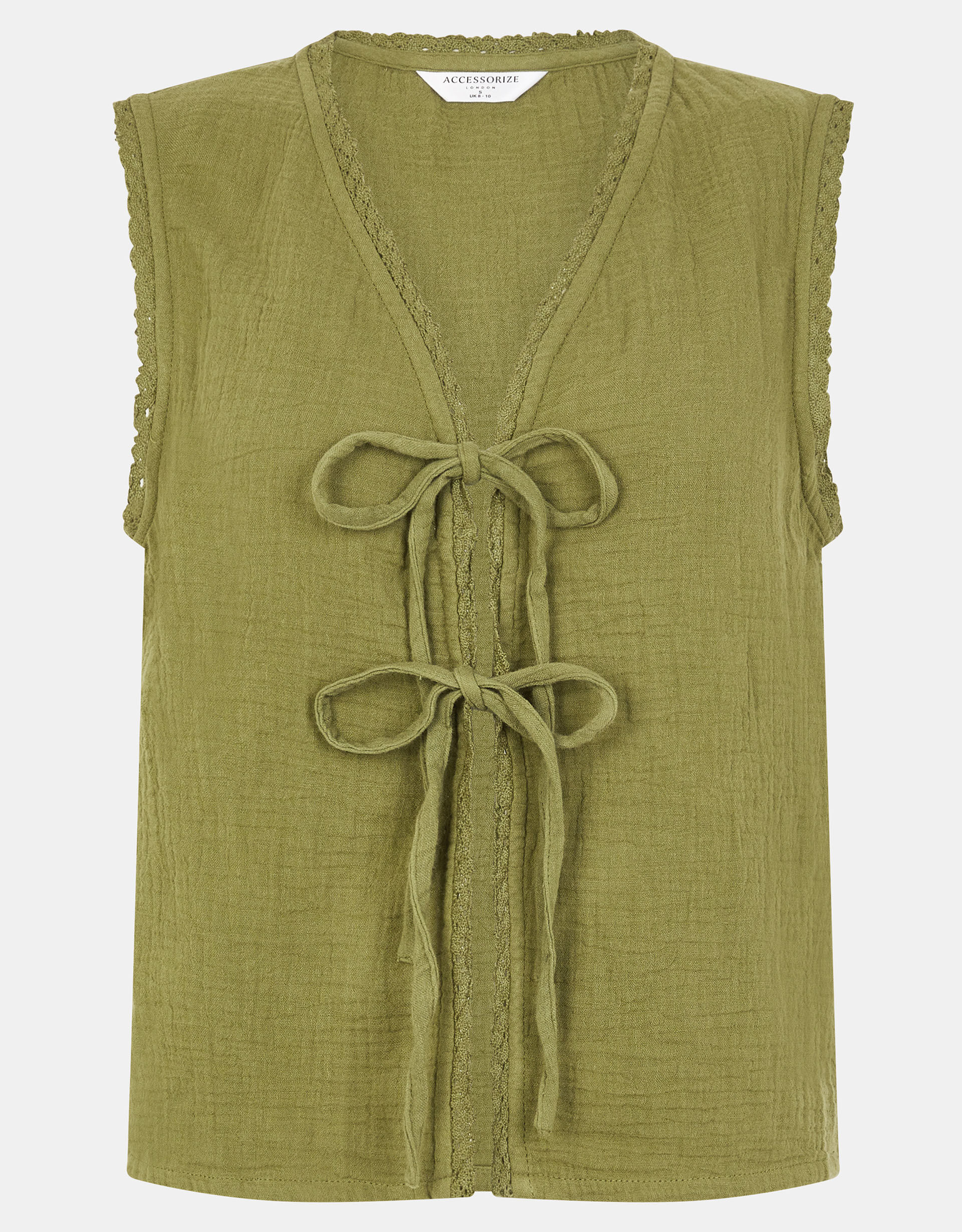 Tie-Front Crinkle Waistcoat, Green (KHAKI), large