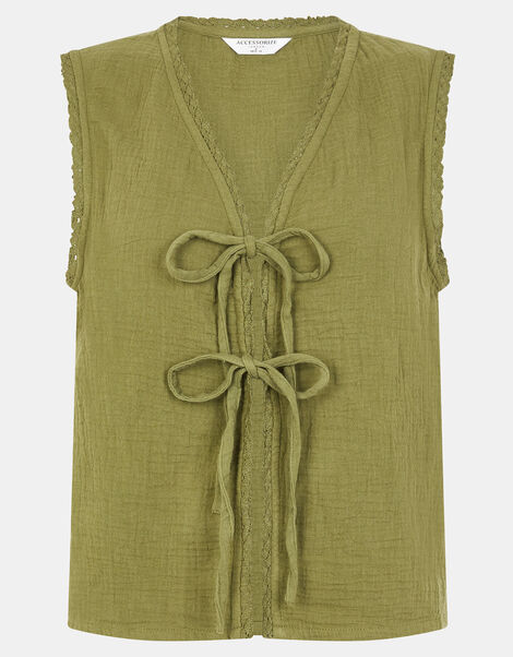 Tie-Front Crinkle Waistcoat, Green (KHAKI), large