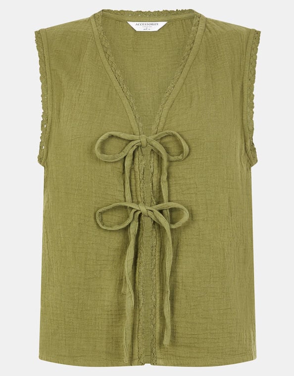Tie-Front Crinkle Waistcoat, Green (KHAKI), large