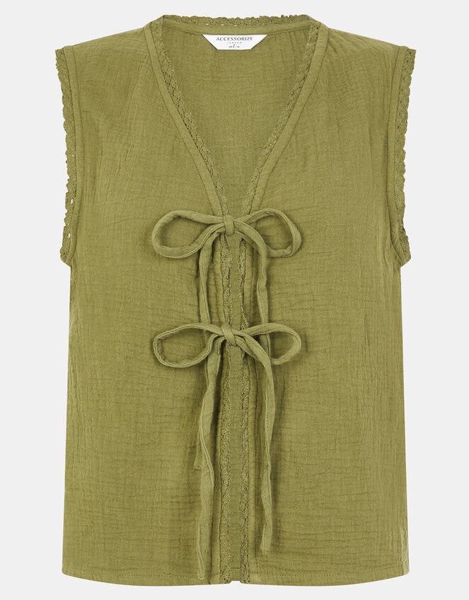 Tie-Front Crinkle Waistcoat, Green (KHAKI), large