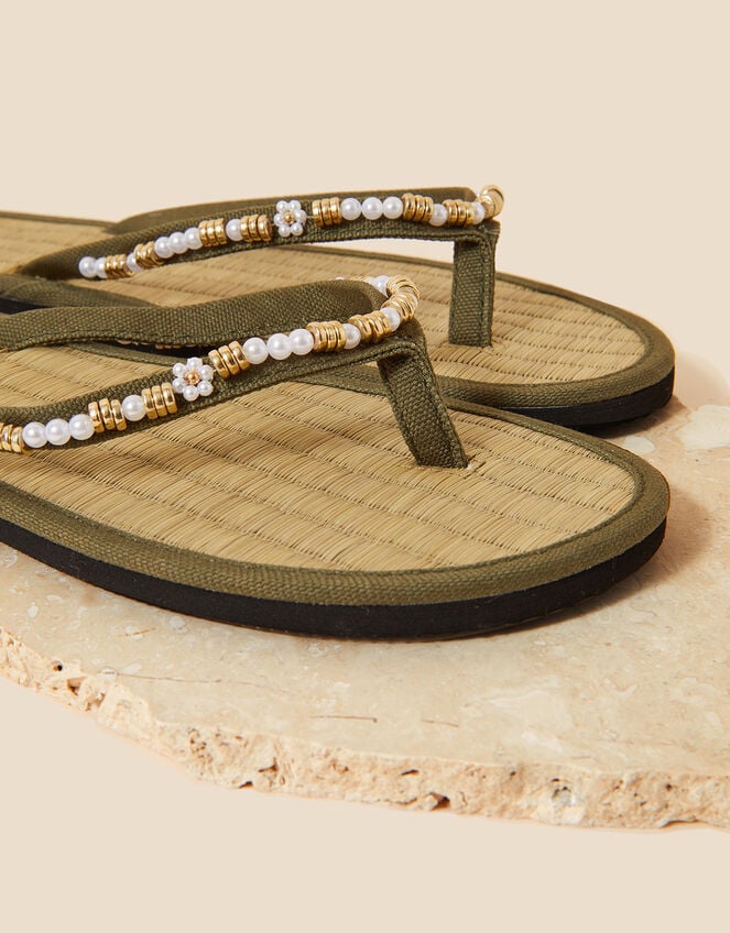 Beaded Pearl Seagrass Flip Flops, Green (KHAKI), large