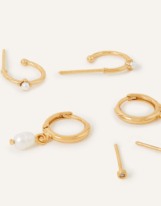 14ct Gold-Plated Pearl Earrings Three Pack, , large