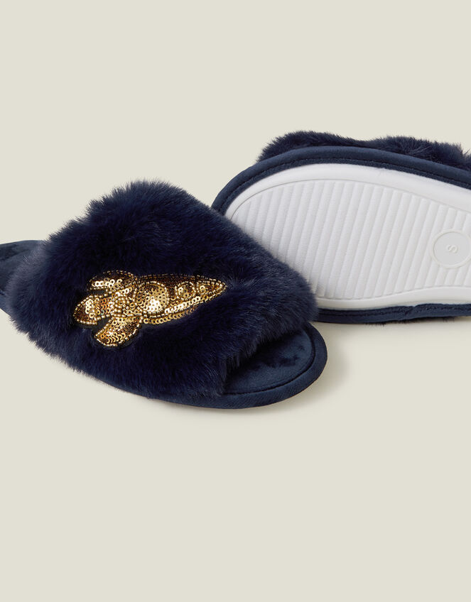 Moon Faux Fur Mule Slippers, Blue (NAVY), large