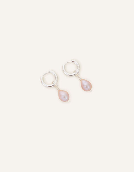Sterling Silver Plated Pearl Huggie Hoops, , large