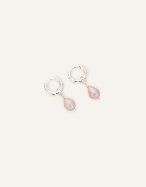 Sterling Silver Plated Pearl Huggie Hoops, , large