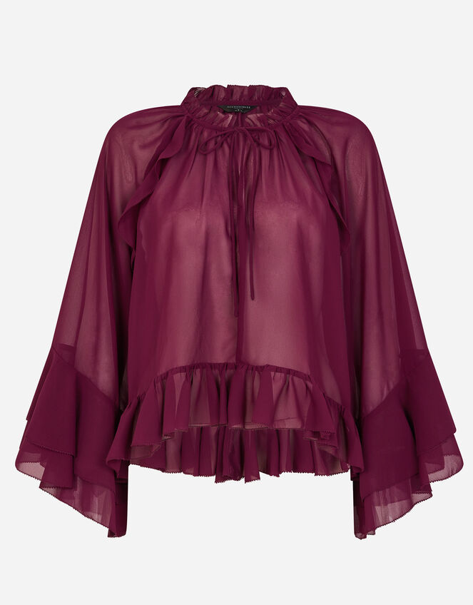 Ruffle Chiffon Blouse, Red (BURGUNDY), large