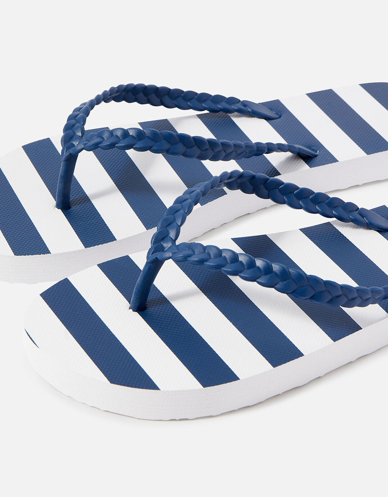 Blue and white shop striped flip flops
