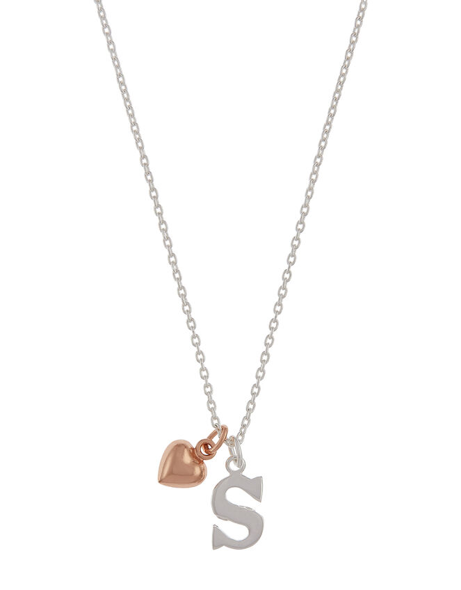 Sterling Silver Initial Necklace with Heart Charm - S, , large