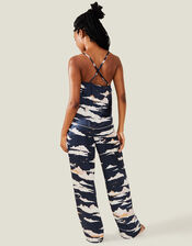 Vacation Print Satin Pyjama Set, Blue (NAVY), large