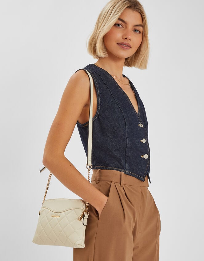 Quilted Faux Leather Cross-Body Bag, Cream (CREAM), large