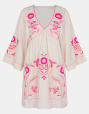 Floral Embroidered Mini Beach Dress, Ivory (IVORY), large