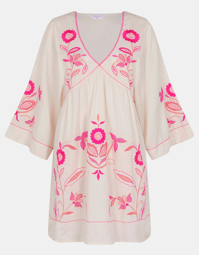 Floral Embroidered Mini Beach Dress, Ivory (IVORY), large