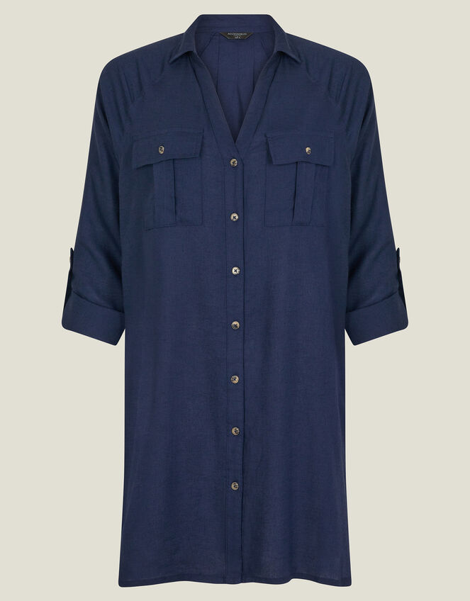 Long Sleeve Beach Cover Up Shirt, Blue (NAVY), large