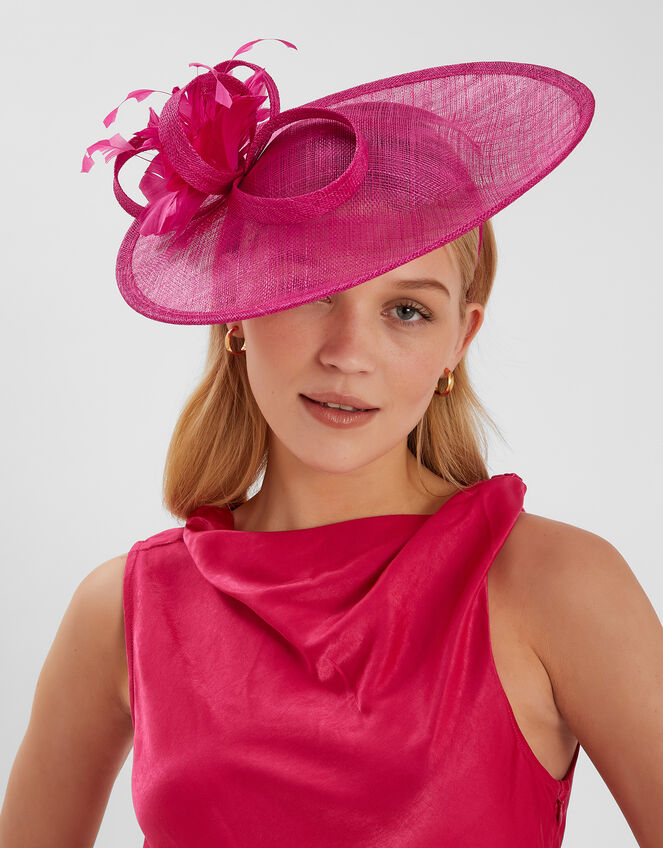 Large Disc Feather Corsage Fascinator, Pink (FUCHSIA), large