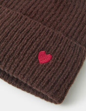 Heart Embroidered Beanie Hat, Brown (CHOCOLATE), large
