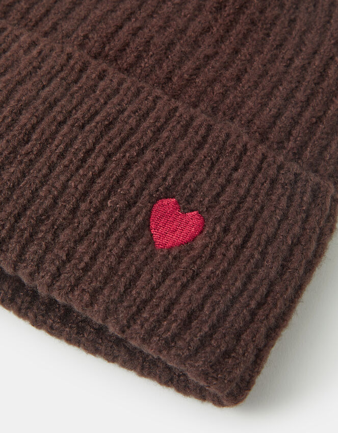 Heart Embroidered Beanie Hat, Brown (CHOCOLATE), large