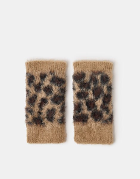 Fuzzy Leopard Print Fingerless Gloves, , large