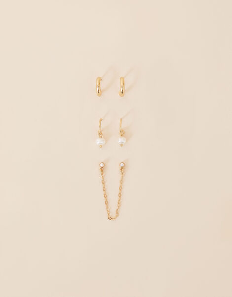 Gold-Plated Pearl Chain Earrings Set of Three, , large