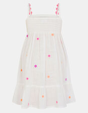 Girls Floral Embroidered Smocked Dress, White (WHITE), large