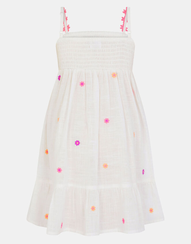 Girls Floral Embroidered Smocked Dress, White (WHITE), large