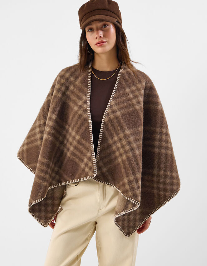 Check Print Knit Poncho, , large