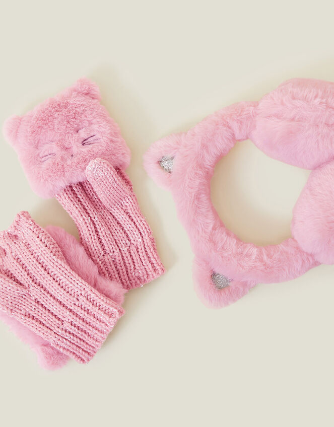 Girls Cat Faux Fur Earmuffs and Gloves Set, Pink (PINK), large