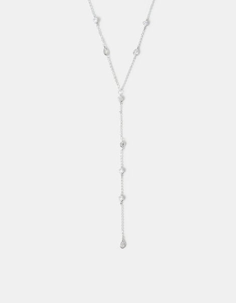 Sterling Silver-Plated Diamanté Lariat Necklace, , large