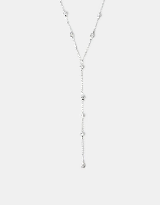 Sterling Silver-Plated Diamanté Lariat Necklace, , large
