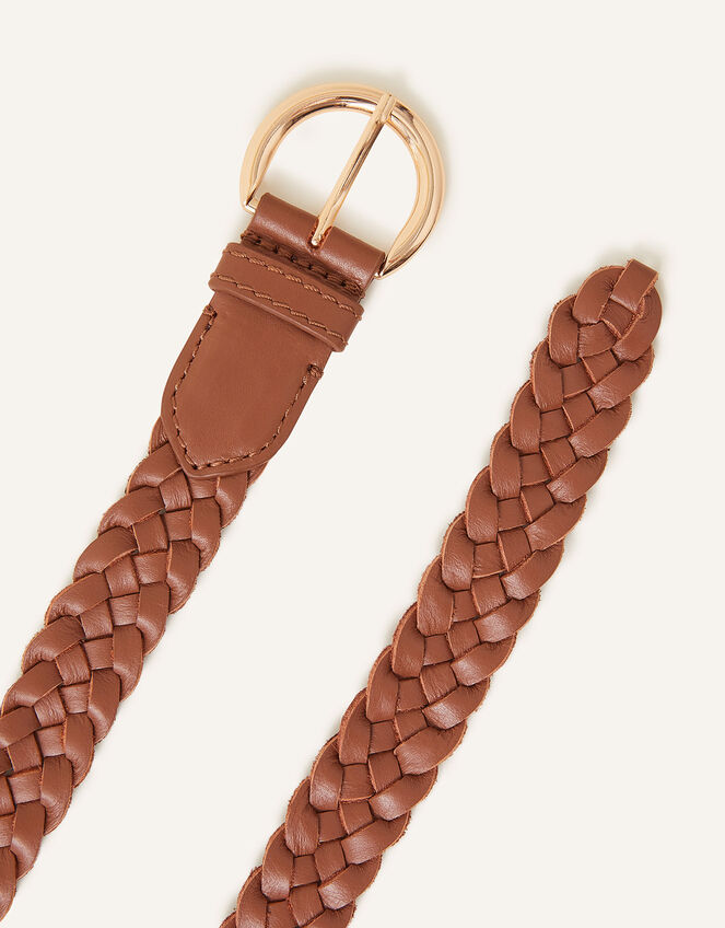 Leather Plaited Belt, Tan (TAN), large