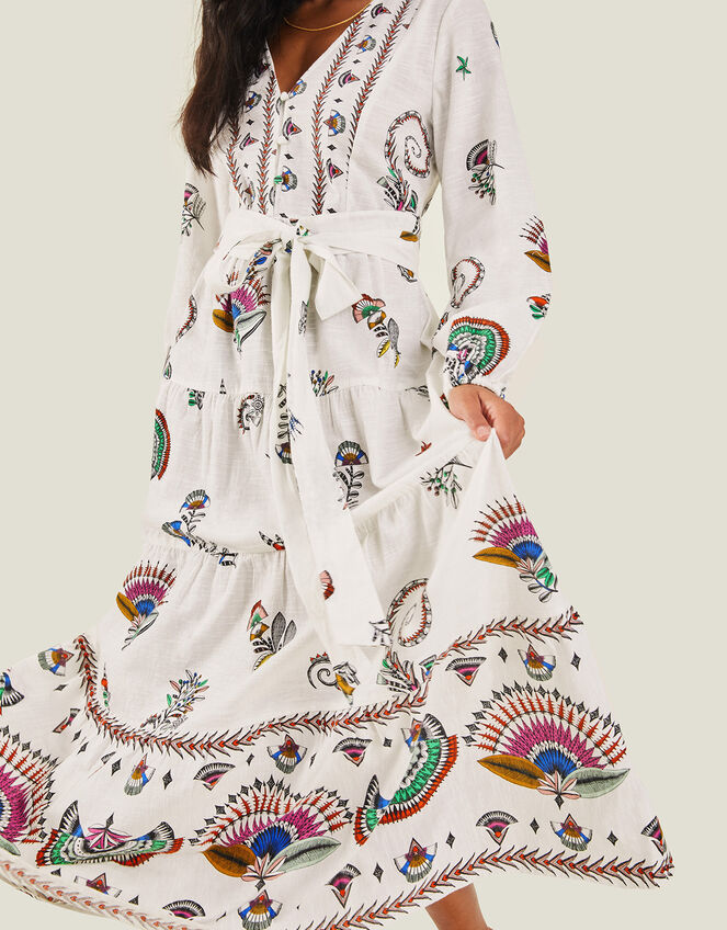 Fan Print Long Sleeve Tiered Dress, Ivory (IVORY), large