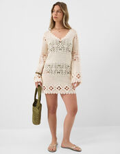 Crochet Long Sleeve Cover Up, Natural (NATURAL), large