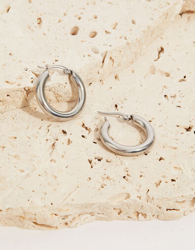Stainless Steel Small Chunky Hoop Earrings, Silver (SILVER), large