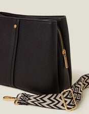 Faux Leather Webbing Strap Crossbody Bag, Black (BLACK), large