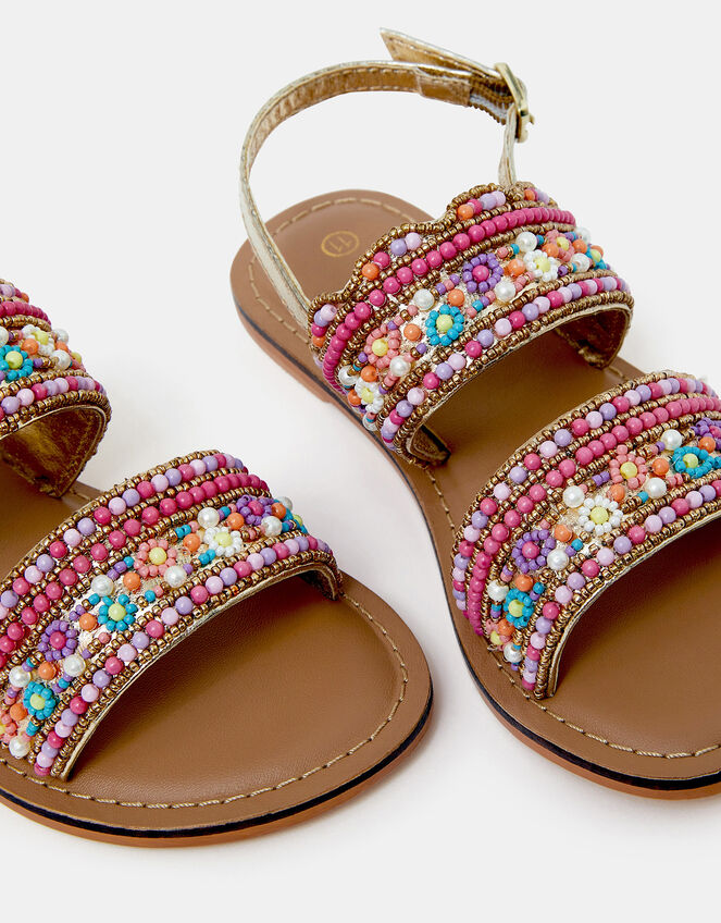 Girls Flower Beaded Strap Sandals, Multi (PASTEL MULTI), large