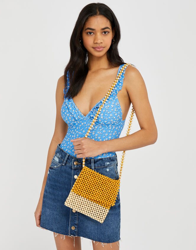 Wooden Bead Cross-Body Bag, Yellow (OCHRE), large