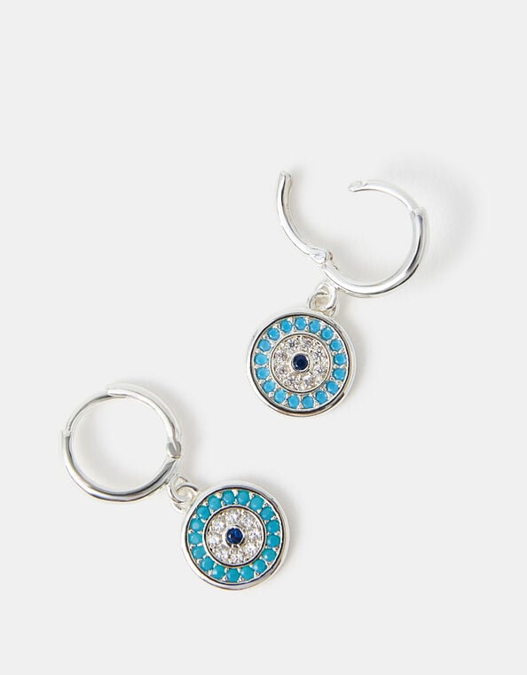 Sterling Silver-Plated Evil Eye Hoop Earrings, , large