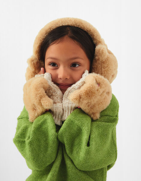 Girls Fluffy Cat Earmuffs & Gloves Set, Camel (BEIGE), large