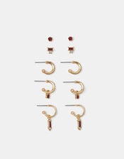 5-Pack Gemstone Stud & Hoop Earrings, Red (BURGUNDY), large