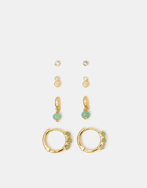 4-Pack 14ct Gold-Plated Aventurine Stone Stud & Hoop Earrings, , large