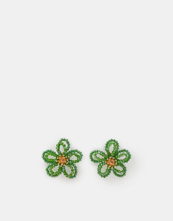 Beaded Flower Stud Earrings, , large