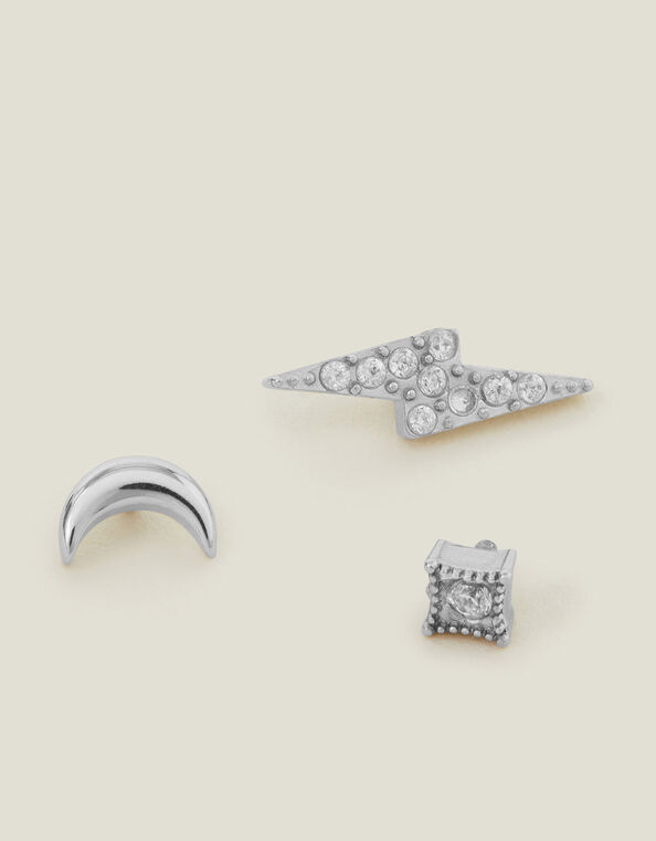 3-Pack Platinum-Plated Surgical Steel Celestial Flatback Stud Earrings, , large