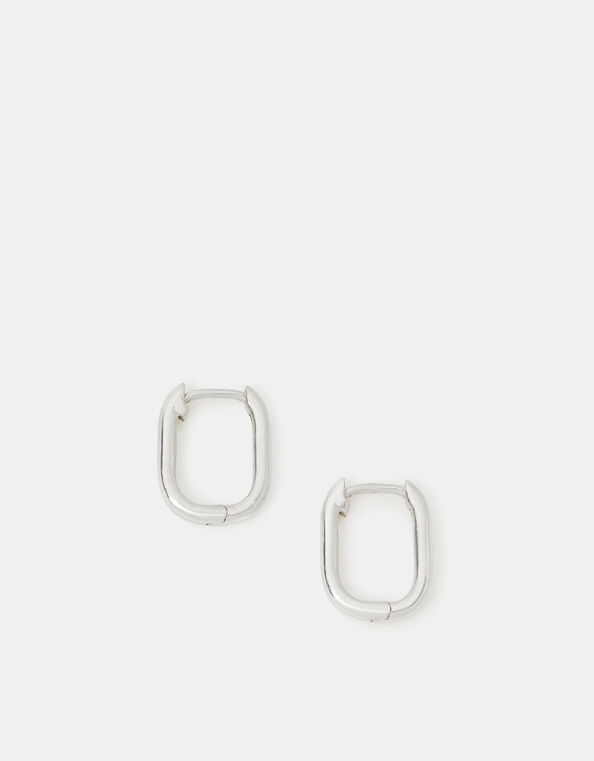 Sterling Silver Rectangular Huggie Hoop Earrings, , large