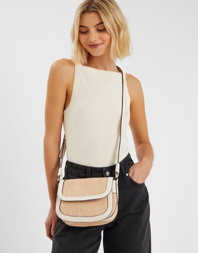 Woven Satchel Cross-Body Bag, Cream (CREAM), large