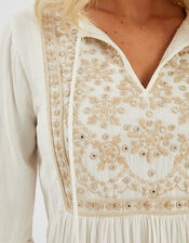 Embroidered Flute-Sleeve Mini Dress, Ivory (IVORY), large