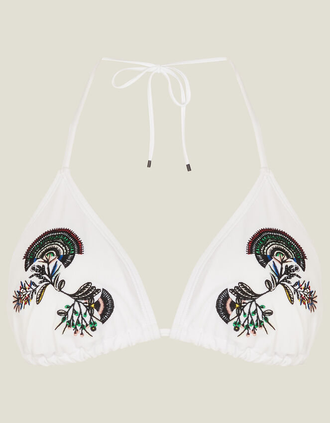 Fan Embroidered Triangle Bikini Top, White (WHITE), large