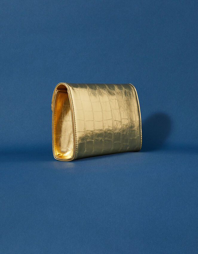 Metallic Faux Croc Clutch Bag, Gold (GOLD), large