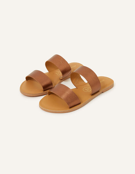Two Strap Leather Wide Fit Sliders , Bronze (BRONZE), large