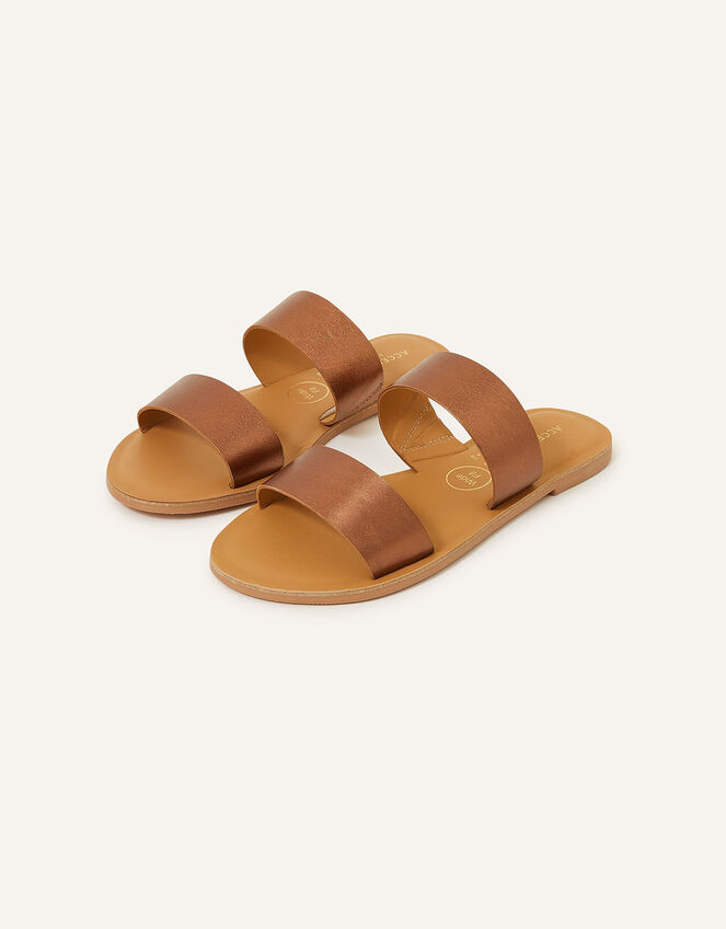 Two Strap Leather Wide Fit Sliders , Bronze (BRONZE), large