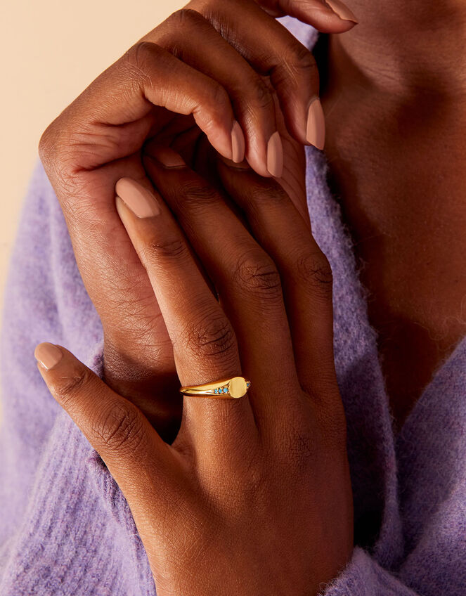 14ct Gold-Plated Signet Ring, Blue (TURQUOISE), large